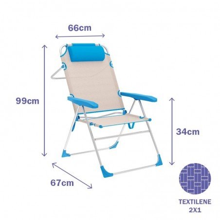 Marbueno Silla Plegable 5 Posiciones Aluminio con Cojin Beige/Azul Playa y Piscina 67X66X99 cm 10174