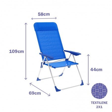 Marbueno Silla Plegable 5 Posiciones Aluminio con Cojin Azul Playa y Piscina 69X58X109 cm 10249